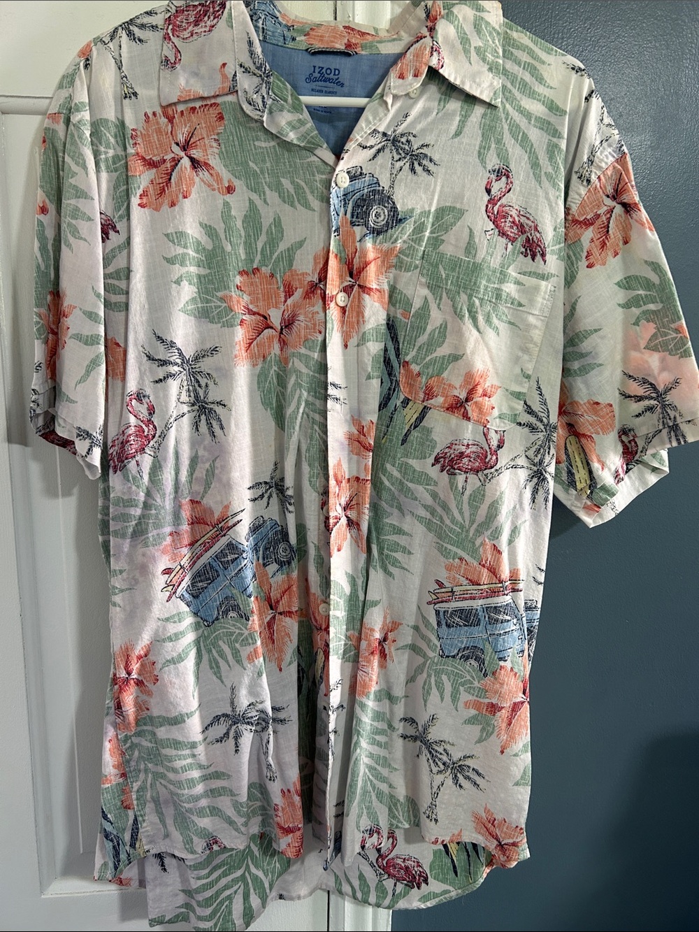 Izod White Short-Sleeve Tropical Button-Down with Coral & Green Print